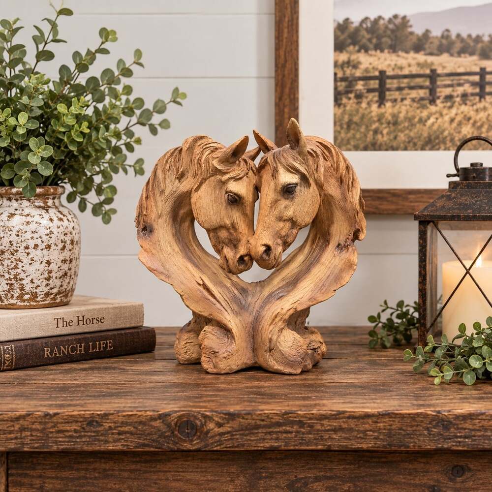 New Rustic Double Horse Head Sculpture Figurine Western Equestrian Home Decor